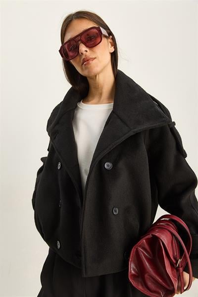 Kadın Dik Yaka Cep Detaylı Apoletli Astarlı Kısa Kaşe Bomber Ceket Kaban 2060 60283814 - Siyah
