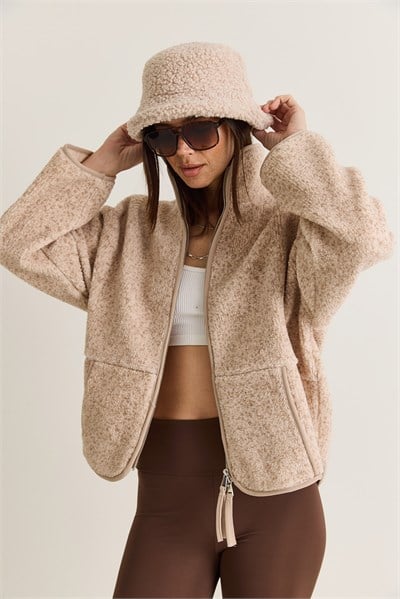 Kadın Dik Yaka Cep Detaylı Biyeli Çift Fermuarlı Oversize Teddy Polar Sweat 2970 60286656 - Bej