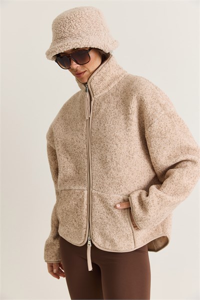 Kadın Dik Yaka Cep Detaylı Biyeli Çift Fermuarlı Oversize Teddy Polar Sweat 2970 60286656 - Bej
