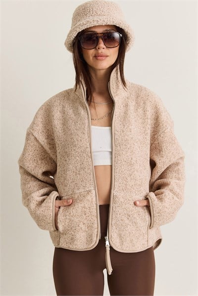 Kadın Dik Yaka Cep Detaylı Biyeli Çift Fermuarlı Oversize Teddy Polar Sweat 2970 60286656 - Bej