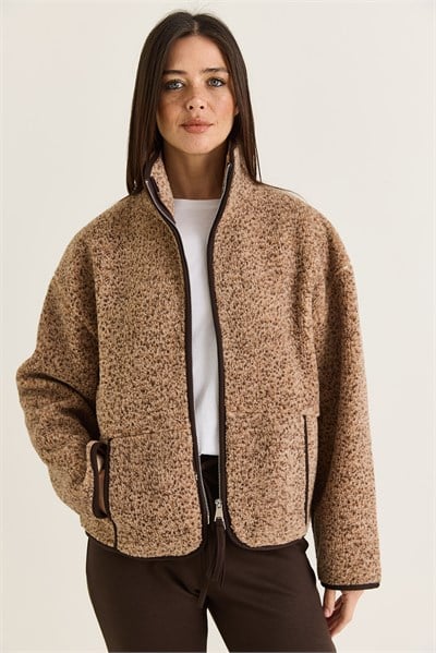 Kadın Dik Yaka Cep Detaylı Biyeli Çift Fermuarlı Oversize Teddy Polar Sweat 2970 60286656 - Sütlü Kahve