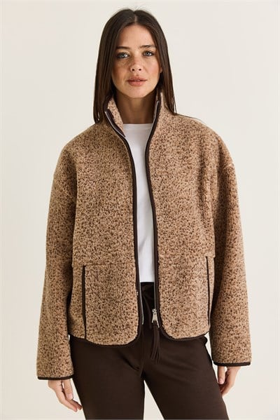 Kadın Dik Yaka Cep Detaylı Biyeli Çift Fermuarlı Oversize Teddy Polar Sweat 2970 60286656 - Sütlü Kahve