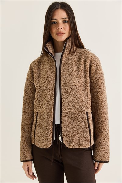 Kadın Dik Yaka Cep Detaylı Biyeli Çift Fermuarlı Oversize Teddy Polar Sweat 2970 60286656 - Sütlü Kahve