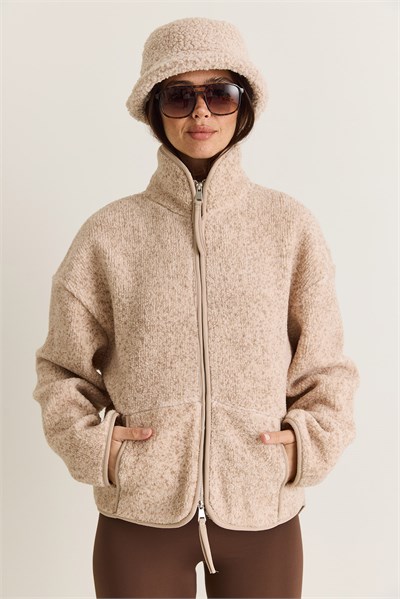 Kadın Dik Yaka Cep Detaylı Biyeli Çift Fermuarlı Oversize Teddy Polar Sweat 2970 60286656 - Bej