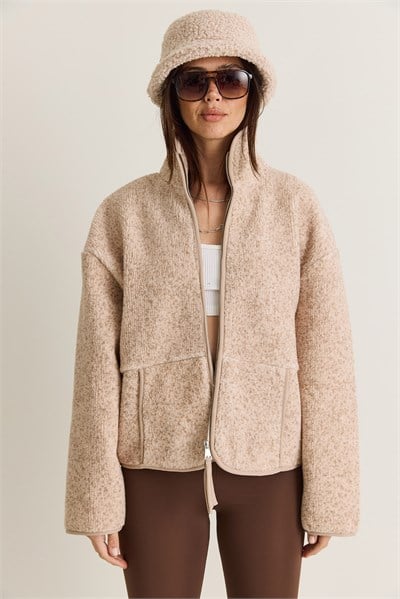 Kadın Dik Yaka Cep Detaylı Biyeli Çift Fermuarlı Oversize Teddy Polar Sweat 2970 60286656 - Bej