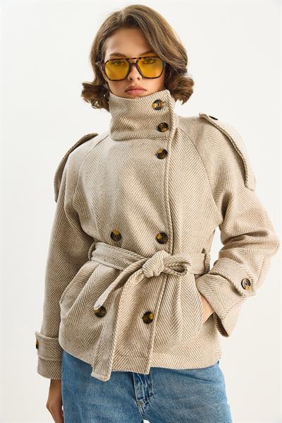 Kadın Dik Yaka Cep Detaylı Kuşaklı Astarlı Balıksırtı Kaşe Kaban 26-016 60283727 - Bej-Krem