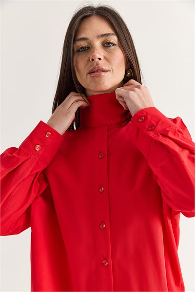 Kadın Dik Yaka Düğmeli Oversize Poplin Gömlek 5544 60286756 - Kırmızı