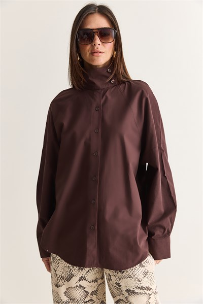 Kadın Dik Yaka Düğmeli Oversize Poplin Gömlek 5544 60286756 - Kahverengi