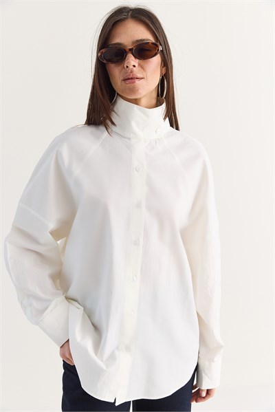 Kadın Dik Yaka Düğmeli Oversize Poplin Gömlek 5544 60286756 - Beyaz