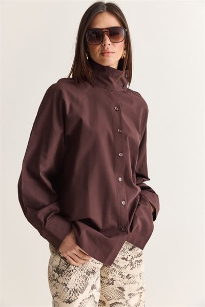 Kadın Dik Yaka Düğmeli Oversize Poplin Gömlek 5544 60286756 - Kahverengi