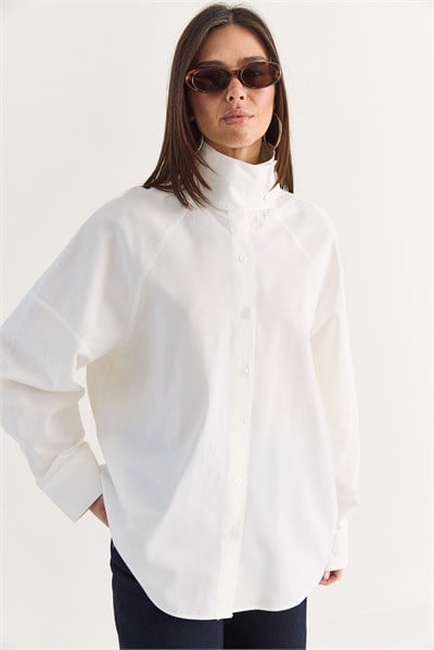 Kadın Dik Yaka Düğmeli Oversize Poplin Gömlek 5544 60286756 - Beyaz