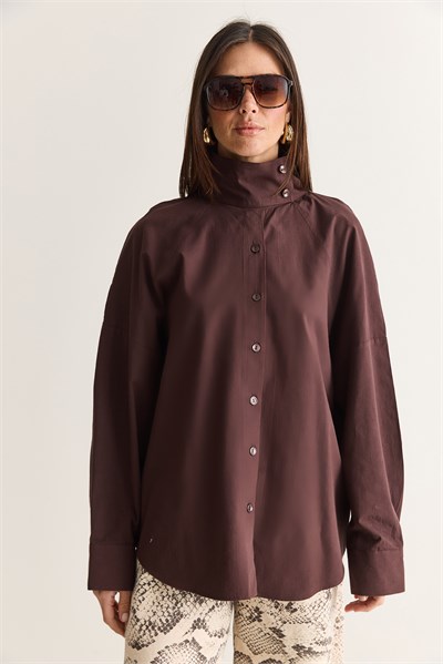 Kadın Dik Yaka Düğmeli Oversize Poplin Gömlek 5544 60286756 - Kahverengi