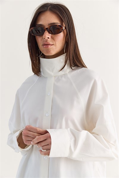 Kadın Dik Yaka Düğmeli Oversize Poplin Gömlek 5544 60286756 - Beyaz