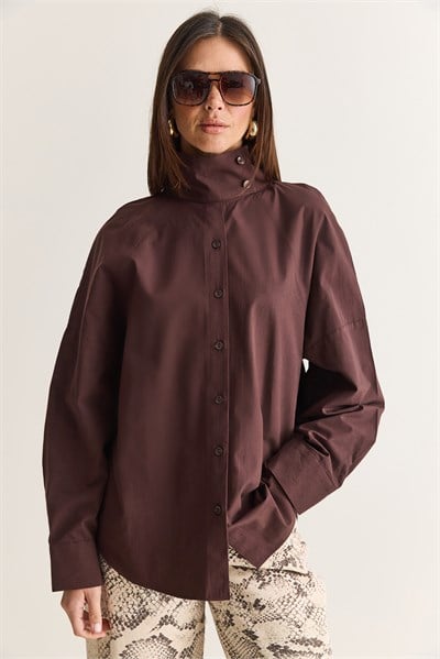 Kadın Dik Yaka Düğmeli Oversize Poplin Gömlek 5544 60286756 - Kahverengi