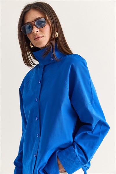 Kadın Dik Yaka Düğmeli Oversize Poplin Gömlek 5544 60286756 - Saks