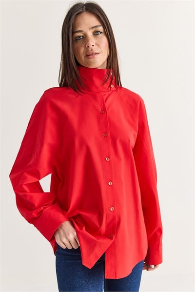 Kadın Dik Yaka Düğmeli Oversize Poplin Gömlek 5544 60286756 - Kırmızı