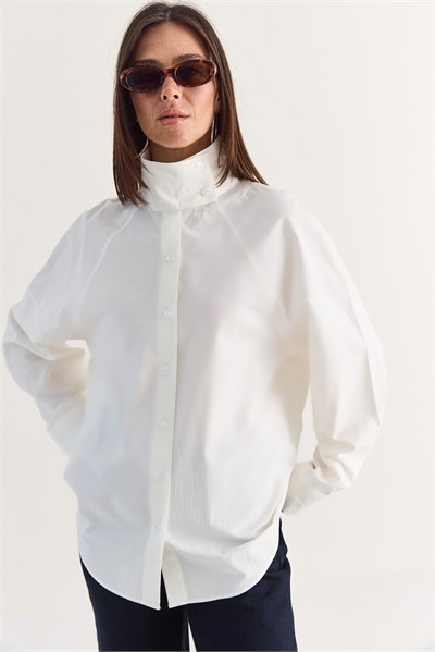 Kadın Dik Yaka Düğmeli Oversize Poplin Gömlek 5544 60286756 - Beyaz