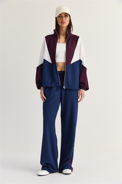 Kadın Dik Yaka Fermuarlı Garnili Oversize Hırka Bol Pantolon Modal Takım 8123 60286515 - Lacivert