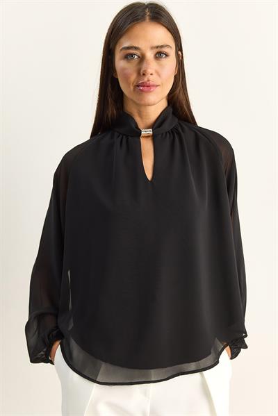Kadın Dik Yaka Metal Aksesuarlı Transparan Kollu Şifon Bluz 1001 60286160 - Siyah