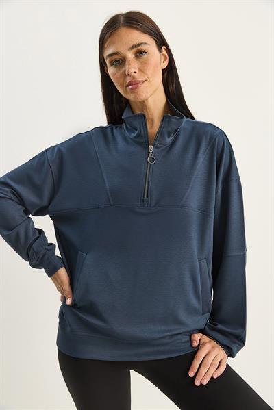 Kadın Dik Yaka Yarım Fermuarlı Cep Detaylı Oversize Modal Sweatshirt 60601053 - Füme