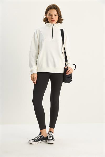 Kadın Dik Yaka Yarım Fermuarlı Cep Detaylı Oversize Modal Sweatshirt 60601053 - Ekru