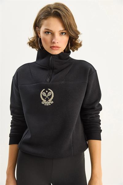 Kadın Dik Yaka Yarım Fermuarlı İçi Polarlı Crop Sweatshirt 1808 60283713 - Siyah