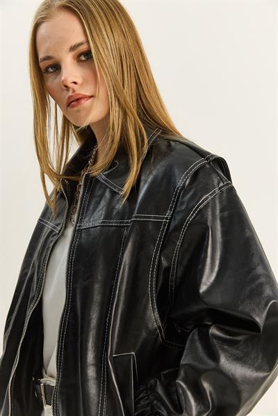 Kadın Dikiş Detaylı Astarlı Beli Lastikli Cepli Oversize Suni Deri Ceket 3173 60283894 - Siyah