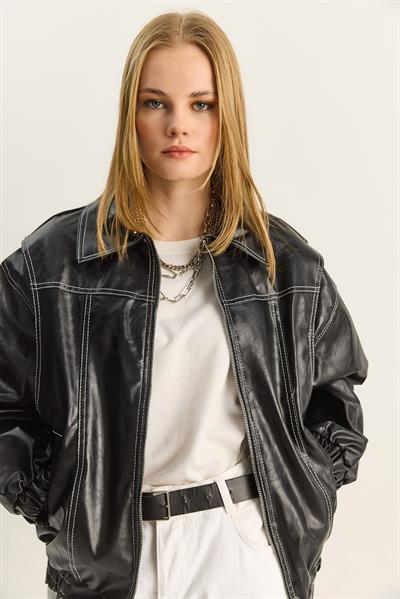 Kadın Dikiş Detaylı Astarlı Beli Lastikli Cepli Oversize Suni Deri Ceket 3173 60283894 - Siyah