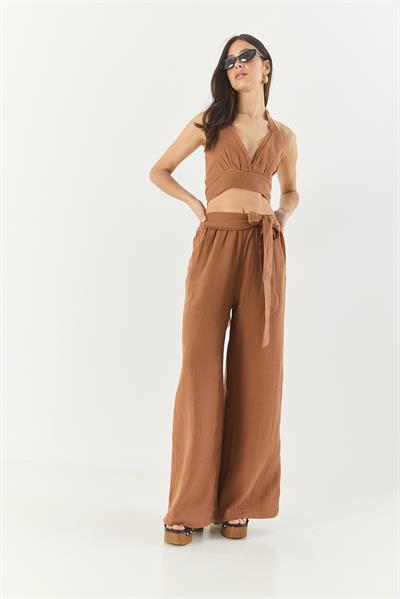 Kadın Doğal Keten Bağlamalı Dikişsiz Üçgen Crop Lastik Belli Salaş Pantolon Bohem Takım 60283322 - Camel