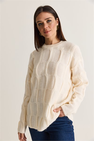 Kadın Dokulu Bisiklet Yaka Oversize Örgü Triko Kazak TK261103 60286623 - Krem