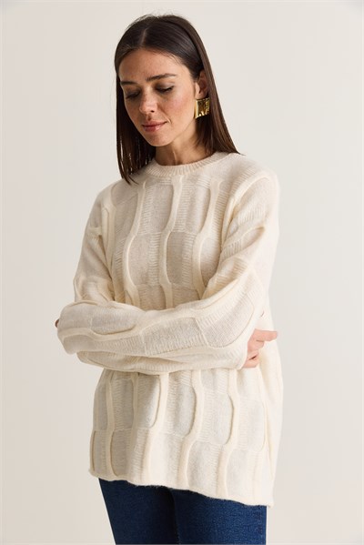 Kadın Dokulu Bisiklet Yaka Oversize Örgü Triko Kazak TK261103 60286623 - Krem