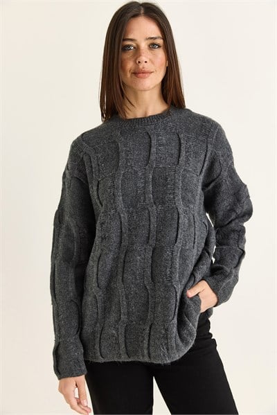 Kadın Dokulu Bisiklet Yaka Oversize Örgü Triko Kazak TK261103 60286623 - Antrasit