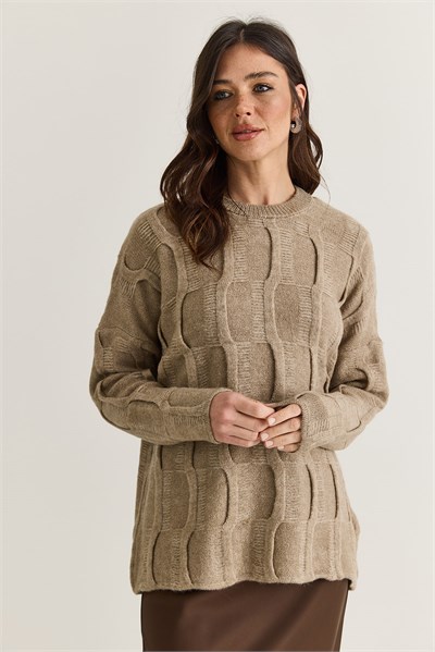 Kadın Dokulu Bisiklet Yaka Oversize Örgü Triko Kazak TK261103 60286623 - Vizon
