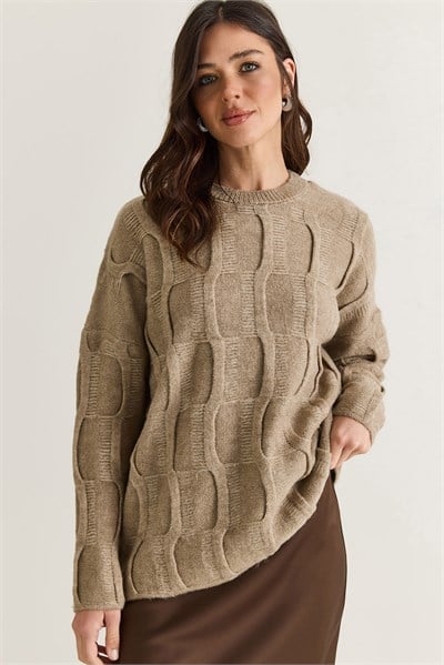 Kadın Dokulu Bisiklet Yaka Oversize Örgü Triko Kazak TK261103 60286623 - Vizon