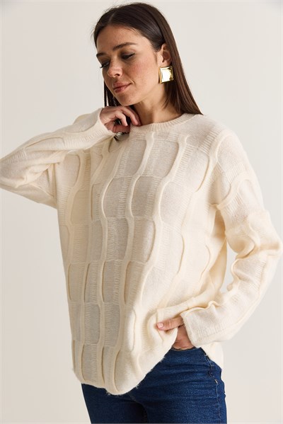 Kadın Dokulu Bisiklet Yaka Oversize Örgü Triko Kazak TK261103 60286623 - Krem