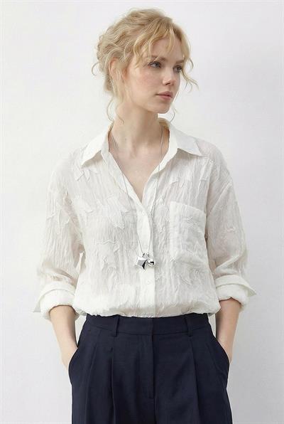 Kadın Dokulu Kumaş Cepli Transparan Gömlek 8092 60286032 - Beyaz