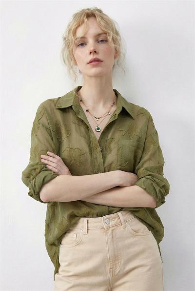 Kadın Dokulu Kumaş Cepli Transparan Gömlek 8092 60286032 - Çağla Yeşili