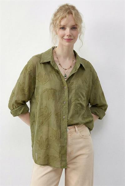 Kadın Dokulu Kumaş Cepli Transparan Gömlek 8092 60286032 - Çağla Yeşili