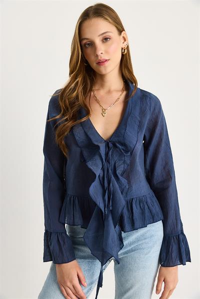 Kadın Dokulu Volanlı Hafif Transparan Modal Bluz 60282030 - Lacivert