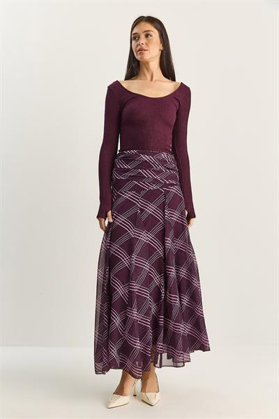Kadın Drape Bel Detaylı Astarlı Desenli Uzun Etek DE251101 60283609 - Mor