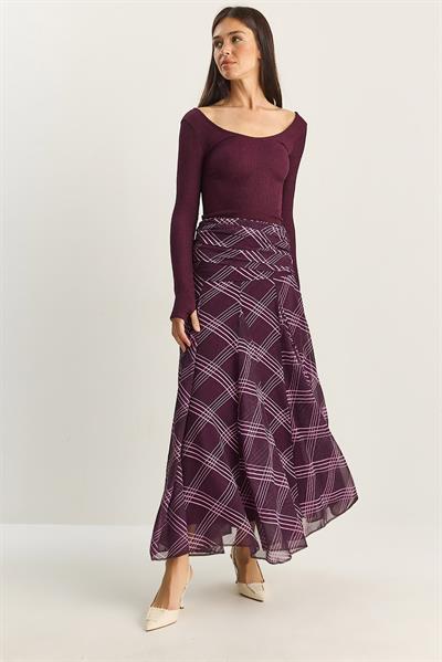 Kadın Drape Bel Detaylı Astarlı Desenli Uzun Etek DE251101 60283609 - Mor