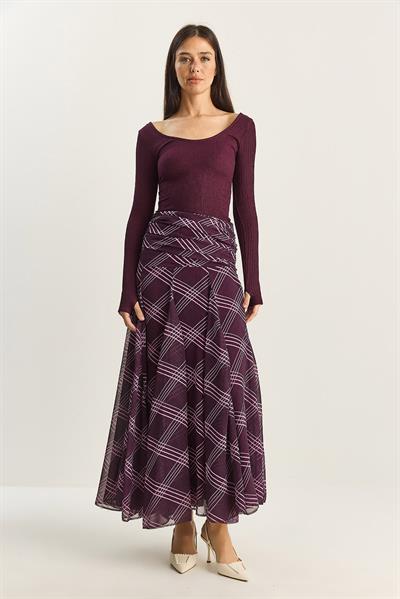 Kadın Drape Bel Detaylı Astarlı Desenli Uzun Etek DE251101 60283609 - Mor