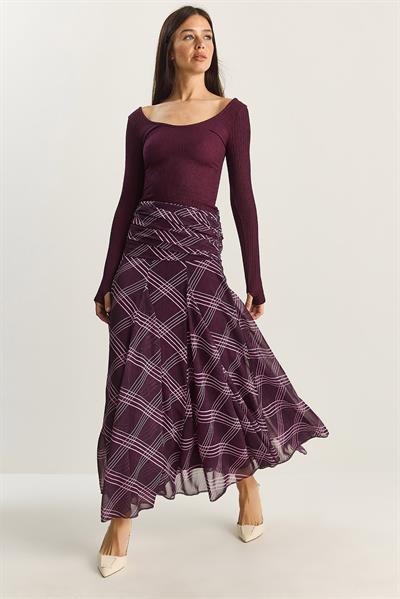 Kadın Drape Bel Detaylı Astarlı Desenli Uzun Etek DE251101 60283609 - Mor