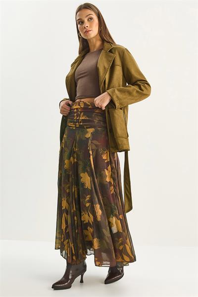 Kadın Drape Bel Detaylı Astarlı Desenli Uzun Etek DE251101 60283609 - Kahverengi-Haki