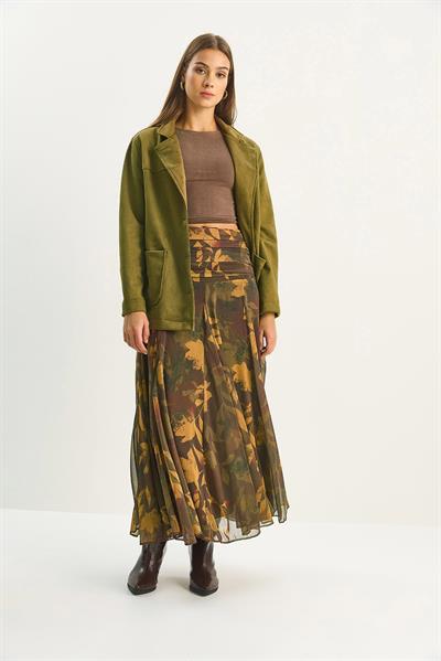 Kadın Drape Bel Detaylı Astarlı Desenli Uzun Etek DE251101 60283609 - Kahverengi-Haki