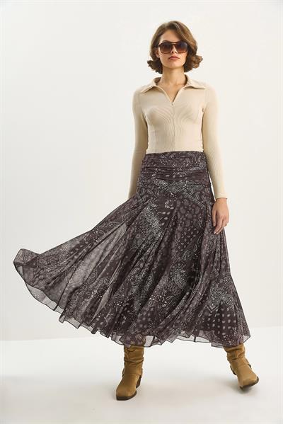 Kadın Drape Bel Detaylı Astarlı Desenli Uzun Etek DE251101 60283609 - Kahve