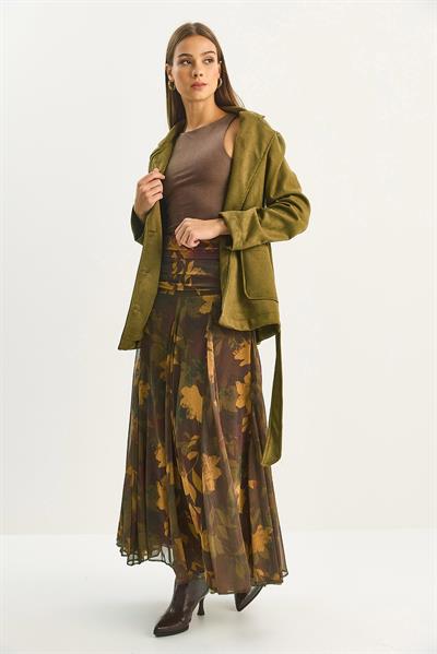 Kadın Drape Bel Detaylı Astarlı Desenli Uzun Etek DE251101 60283609 - Kahverengi-Haki