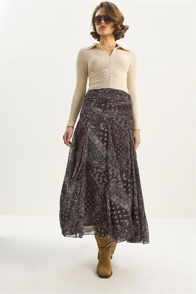 Kadın Drape Bel Detaylı Astarlı Desenli Uzun Etek DE251101 60283609 - Kahve