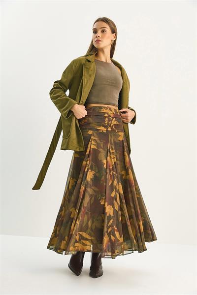 Kadın Drape Bel Detaylı Astarlı Desenli Uzun Etek DE251101 60283609 - Kahverengi-Haki