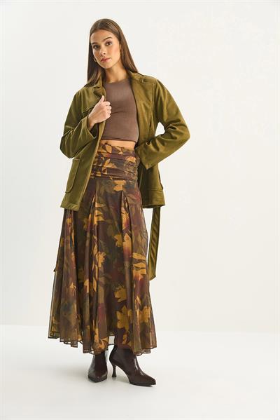 Kadın Drape Bel Detaylı Astarlı Desenli Uzun Etek DE251101 60283609 - Kahverengi-Haki